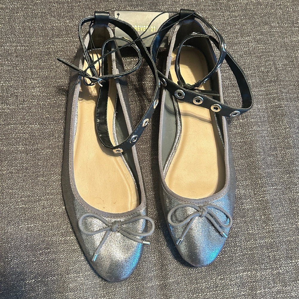 Forever 21 Silver Ballet Flats with Ankle Straps